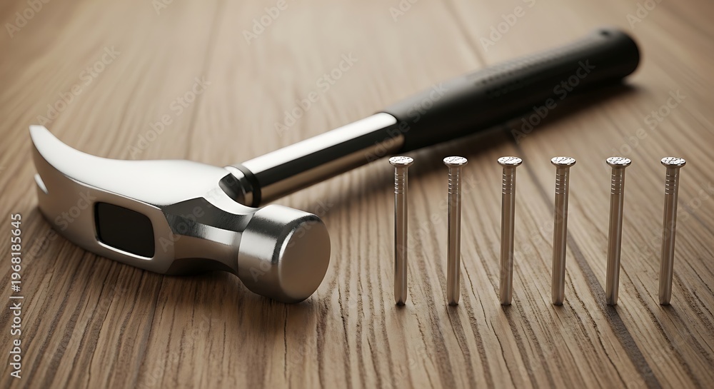 Naklejka premium Close-up of a Hammer and Nails on a Wooden Surface.
