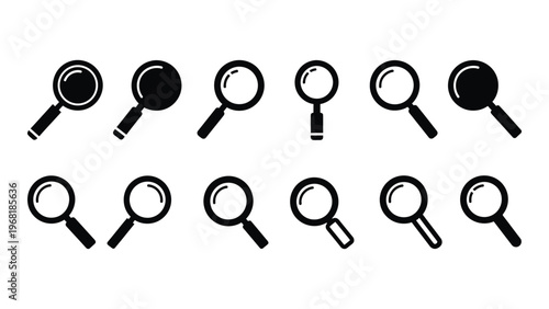 A collection of twelve black magnifying glasses arranged in two rows displaying varying sizes and styles silhouette high quality professional detailed