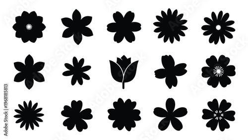 A collection of diverse floral designs presented as striking black shapes against a white background silhouette high quality professional detailed modern