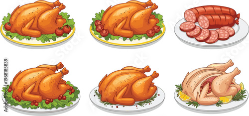  Roasted chicken and sausage meat dishes set delicious dinner meal food collection vector illustration design