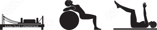 Silhouettes Of People Doing Pilates And Fitness Exercises On Equipment And Mat