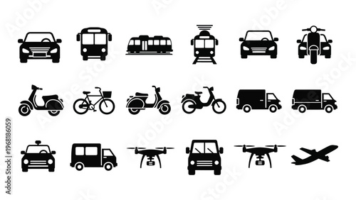 A collection of various transportation icons including cars buses motorcycles and drones presented in black silhouette high quality professional detailed modern