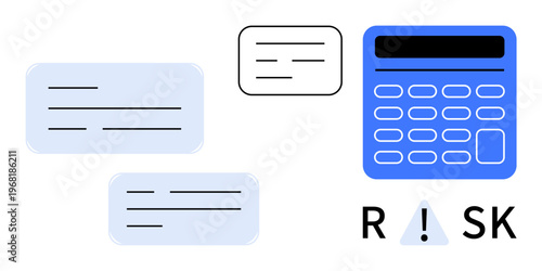 Risk analysis, decision making, business planning, data interpretation, financial assessment, hazard evaluation. A calculator with a warning triangle and information cards. Risk analysis and decision