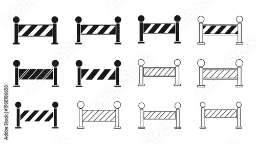 A collection of black and white barrier illustrations depicting crowd control measures displayed in varying orientations silhouette high quality professional detailed