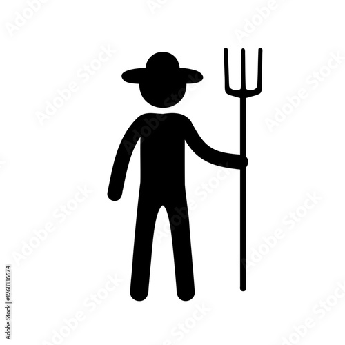 Black silhouette of a farmer holding a pitchfork on white background