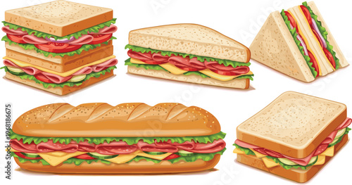  Sandwich set collection with different bread ham cheese lettuce tomato fast food vector illustration design