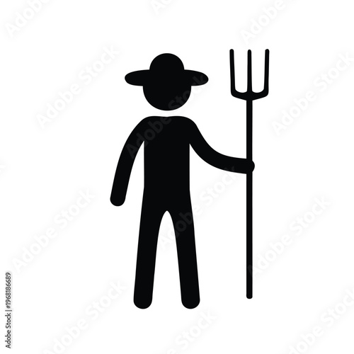 Black silhouette of a farmer holding a pitchfork on white background