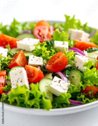 Close-up shot of a fresh, vibrant salad. Featuring lettuce, red tomatoes, cucumber slices, red onion, and white cheese cubes. Sprinkled pepper