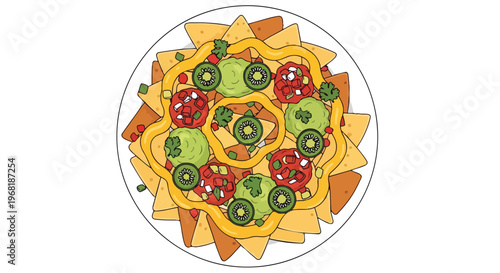 Freshly prepared vibrant nacho platter with a unique array of colorful toppings and a rich cheesy drizzle, perfect for a casual dining experience