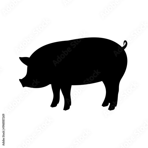 A monochrome silhouette of a domestic pig standing on a white background