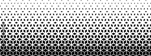 Cubic shapes pattern with gradient effect. Vanishing repeated cubes in isometric projection. Minimalistic abstract geometric print. Wallpaper with faded diamond forms. Vector graphic illustration.