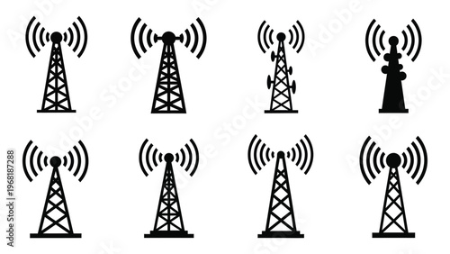 A collection of eight black communication towers emitting radio waves presented in a minimalist graphic silhouette high quality professional detailed modern