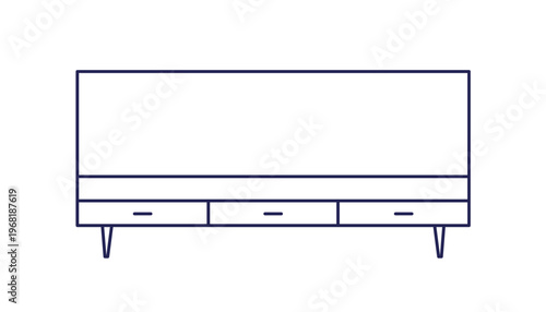 Sideboard, buffet, console, contour outline drawing, top view for interior design. Living room furniture, storage unit with drawers, legs. Flat vector illustration isolated on white background