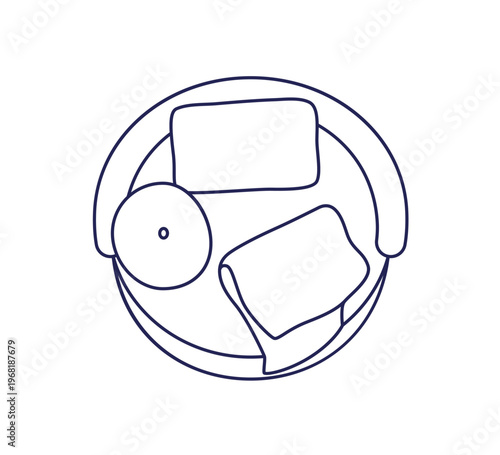 Outline armchair with cushions, top above view. Contour line-art furniture drawing for living room, floor plan design. Linear chair seat. Flat vector illustration isolated on white background