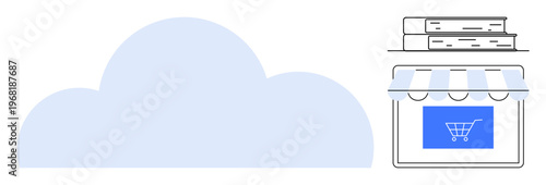 Cloud storage, e-commerce, technology, digital marketplaces, online education, virtual storefronts. Cloud graphic, books and digital shopping cart on a screen. Cloud storage and e-commerce