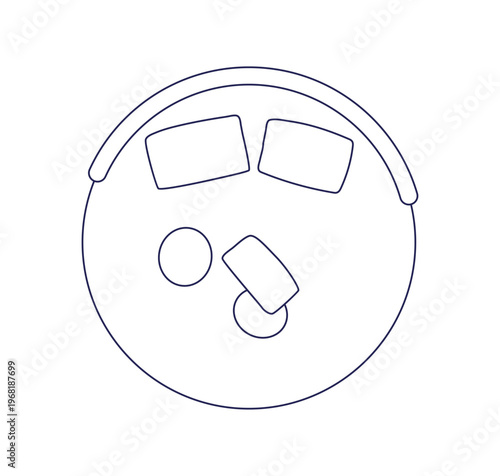 Round armchair with cushions, outline contour drawing, top above view. Circle shape seat with pillows. Interior chair, furniture, line sketch. Flat vector illustration isolated on white background