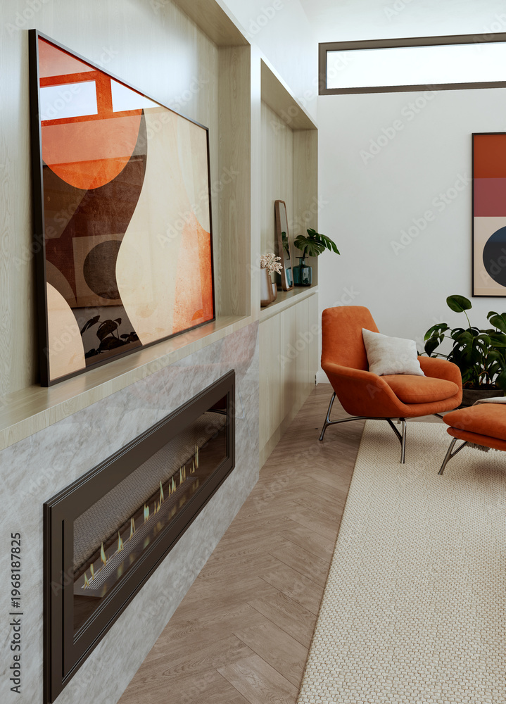 Naklejka premium 3D render, illustration Luxury modern living room interior, realistic lighting, wide angle, contemporary furniture, clean lines, minimalist decor, elegant home design, large window