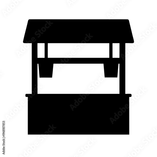 Black silhouette of a market stall with roof and hanging buckets