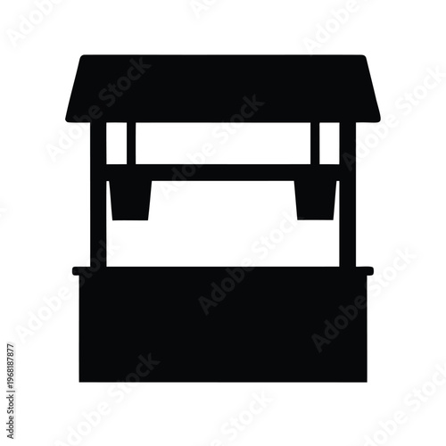 Black silhouette of a market stall with roof and hanging buckets