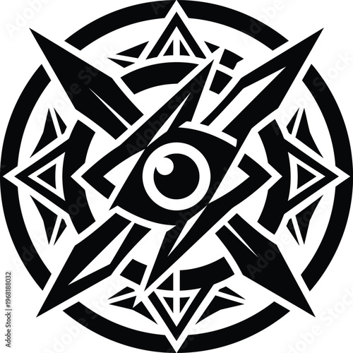Detailed geometric eye symbol, professional composition showcasing sharp lines and abstract shapes in monochrome.