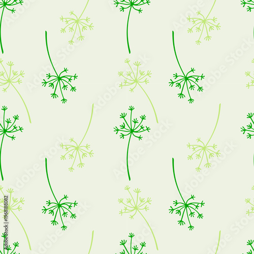Seamless vector pattern with hand-drawn green dill and fennel umbrellas in minimalist botanical style, ideally suited for kitchen textiles, organic food packaging, and branding materials for healthy l