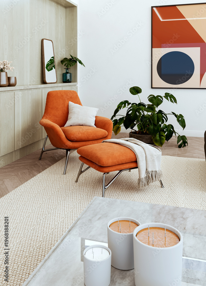 Naklejka premium 3D render, illustration Luxury modern living room interior, realistic lighting, wide angle, contemporary furniture, clean lines, minimalist decor, elegant home design, large window