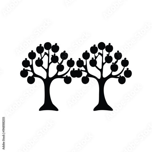 Minimalist black silhouette of two apple trees laden with fruit on white