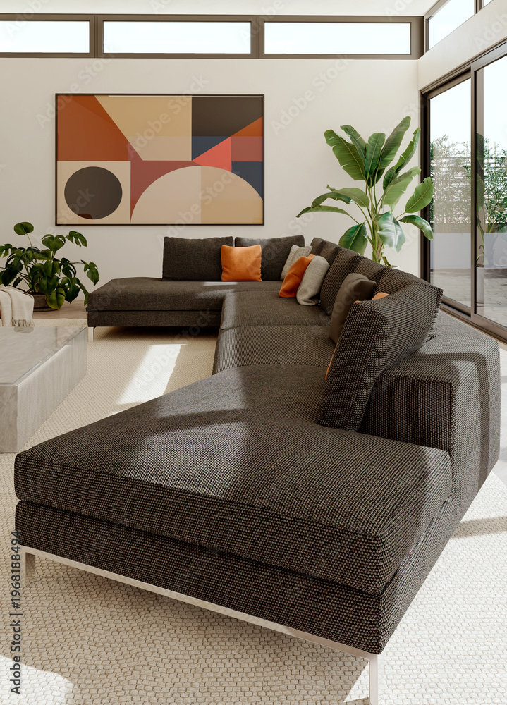 Obraz premium 3D render, illustration Luxury modern living room interior, realistic lighting, wide angle, contemporary furniture, clean lines, minimalist decor, elegant home design, large window