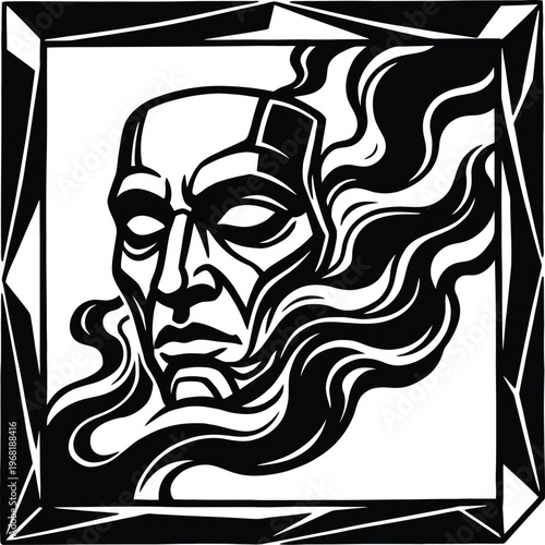 Powerful graphic art of a robotic or alien head surrounded by swirling energy, set within an intricate geometric border, digitally remastered.