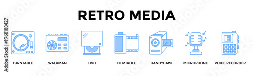 Retro Media Banner Web Icon Set Collection Pack Vector Illustration Concept For Capture And Preserve Nostalgic Audio Video Memories Across Classic Devices