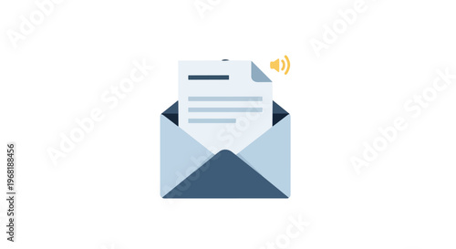 Digital message alert notification with open envelope and document icon featuring sound symbol representing new voice mail or communication receipt