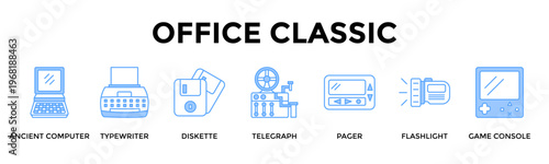 Office Classic Banner Web Icon Set Collection Pack Vector Illustration Concept For Blend Legacy Office Tools And Communication Devices In A Classic Workflow