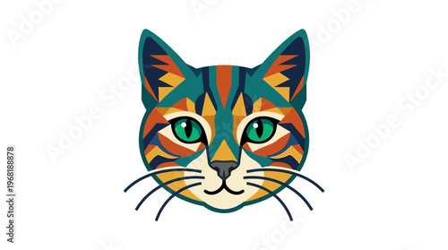 Colorful cat face with green eyes.