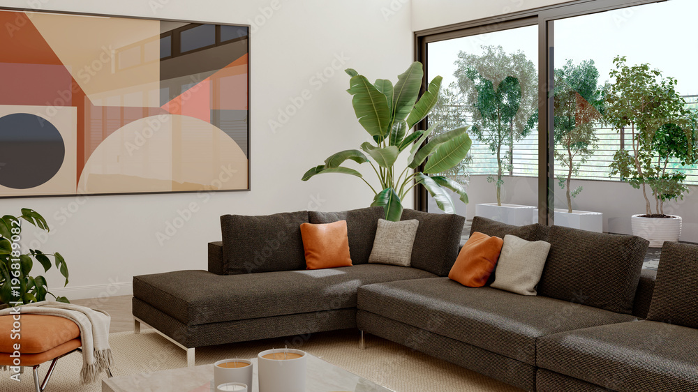 Obraz premium 3D render, illustration Luxury modern living room interior, realistic lighting, wide angle, contemporary furniture, clean lines, minimalist decor, elegant home design, large window
