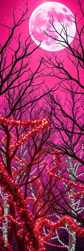 Glistening circuitry entwined with tinsel, a digital forest of augmented trees under a crimson sky ,  augmented reality holiday,  futuristic tree
