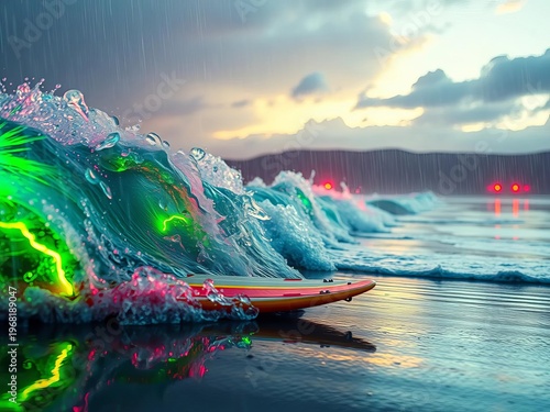 Glows of neon paint vibrant surfboards against a rain-slicked cyberpunk beach, dutch angle captures futuristic wave potential,  neon beach,  future sports
