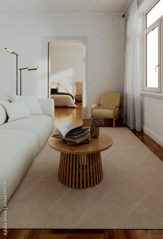 Obraz premium 3D render, illustration Luxury modern living room interior, realistic lighting, wide angle, contemporary furniture, clean lines, minimalist decor, elegant home design, large window