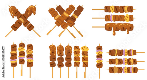 A variety of grilled meat skewers displayed.