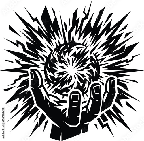 Striking graphic vector art portraying a hand containing a volatile, electrifying explosion, high resolution professional composition.