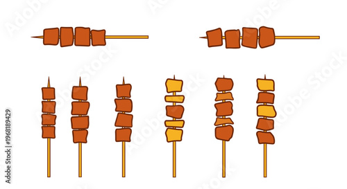 A variety of colorful meat skewers.