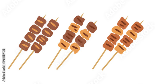 Variety of grilled meat skewers on wooden sticks.