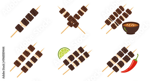 Assorted meat skewers with condiments.