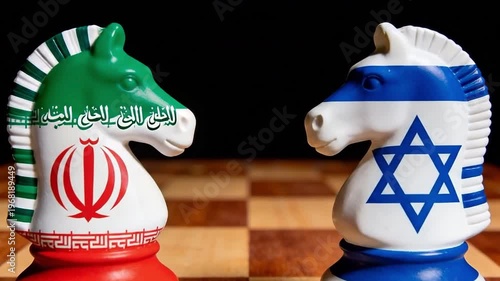 Two chess knight pieces representing iran and israel on a chessboard, suitable for concepts of geopolitics, international relations, strategy, conflict, and diplomacy.