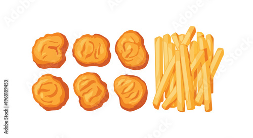 Delicious golden fried chicken nuggets and perfectly cooked potato french fries