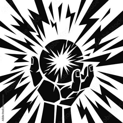 High-contrast artistic representation of a hand wielding raw power, radiating from a spherical light source, detailed textures.