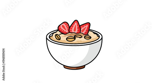 Wholesome morning meal illustration featuring a bowl of nutritious creamy oatmeal adorned with vibrant fresh red strawberry halves and delicate