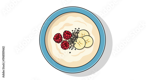 Nutritious breakfast bowl illustration with fresh raspberries, banana, and seeds for a healthy start