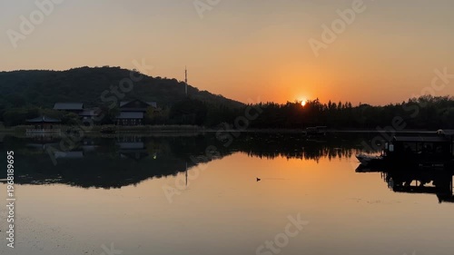 4K Sunset Traditional Boat Nianhuawan Wuxi China Lake Reflection
