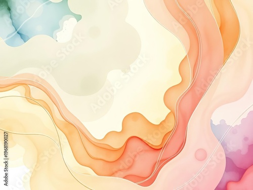 Organic flowing lines and watercolor washes create a soft, ethereal backdrop, dreamy and natural feel,  repeat,  wash