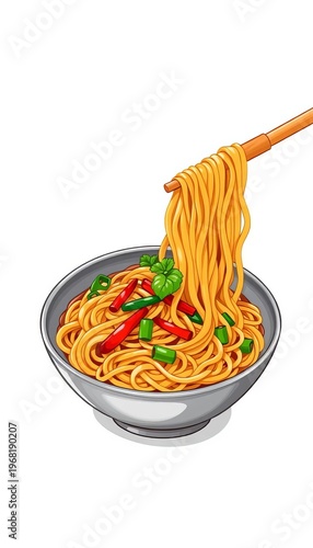 Pad Thai noodles, classic stir-fried noodle dish illustration,  street food,  stir fry noodles